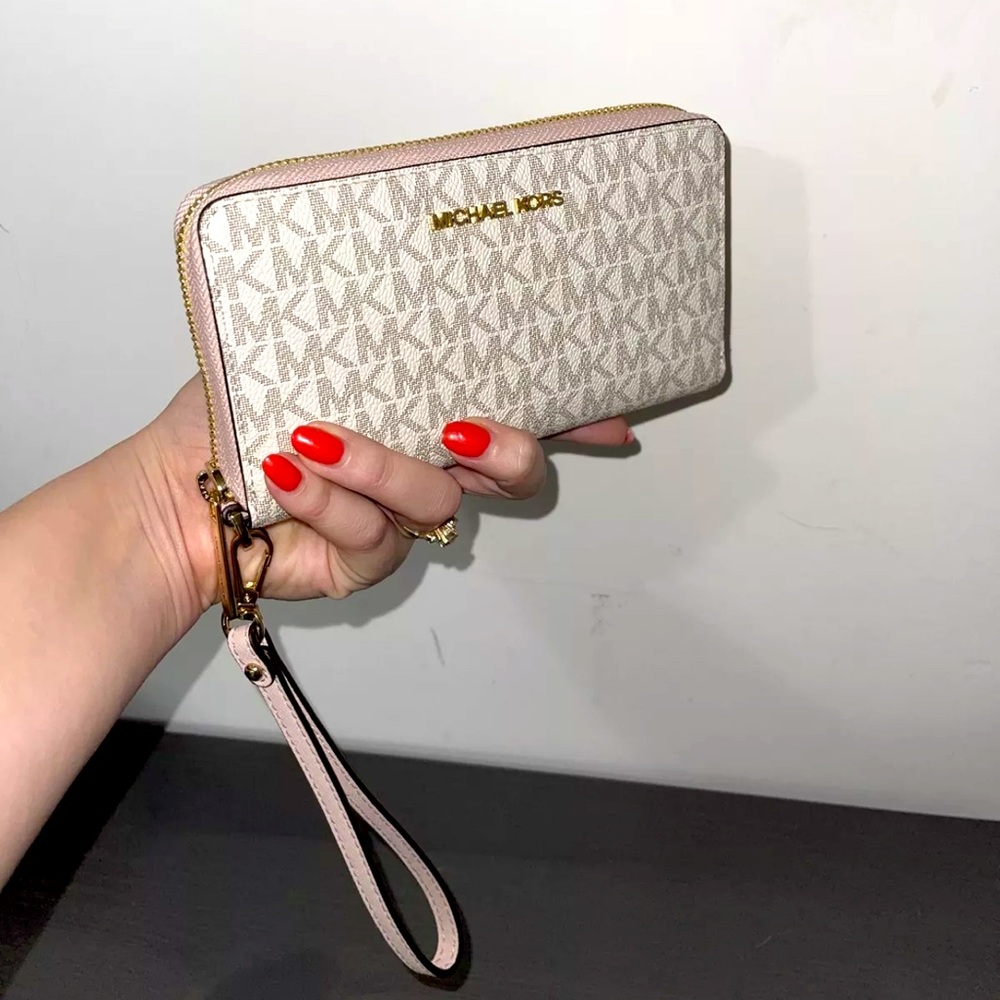 Michael Kors Jet Set Phone Case Wallet Wristlet Vanilla Signature Powder Blush